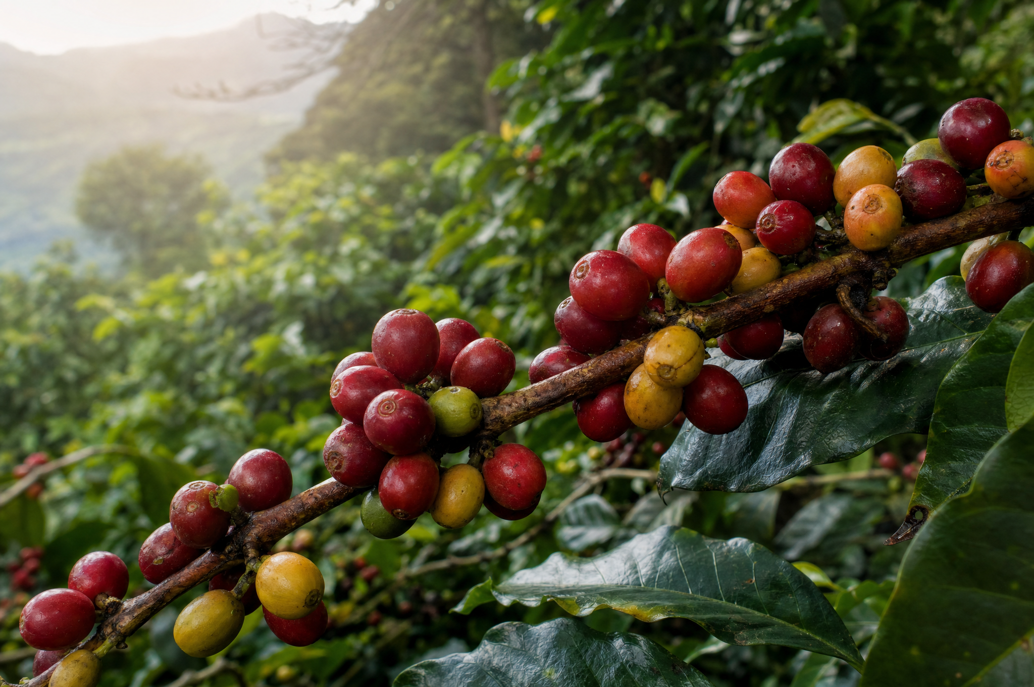 Coffee cherries on a branch