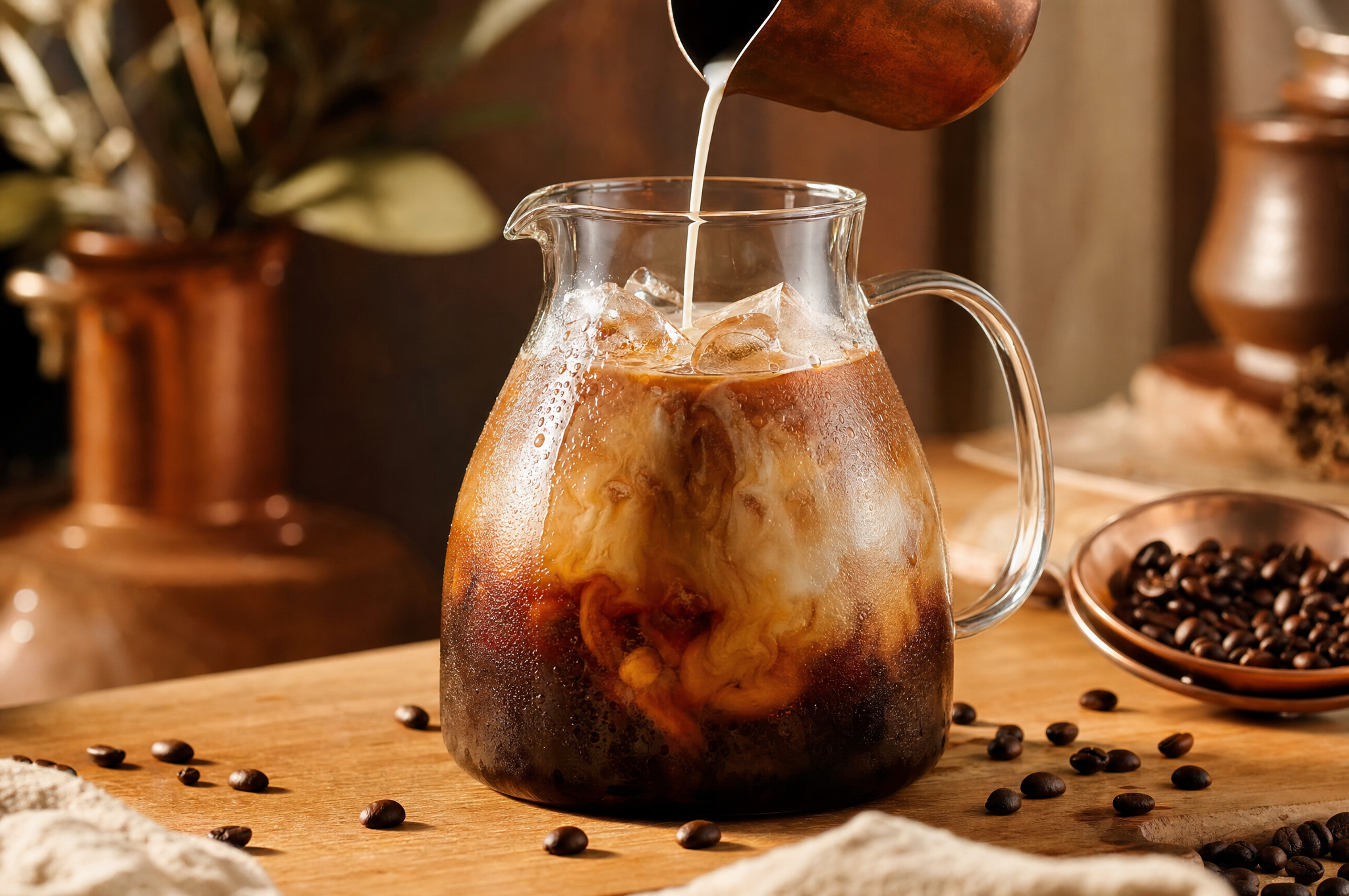 Cold brew coffee in a glass carafe with ice