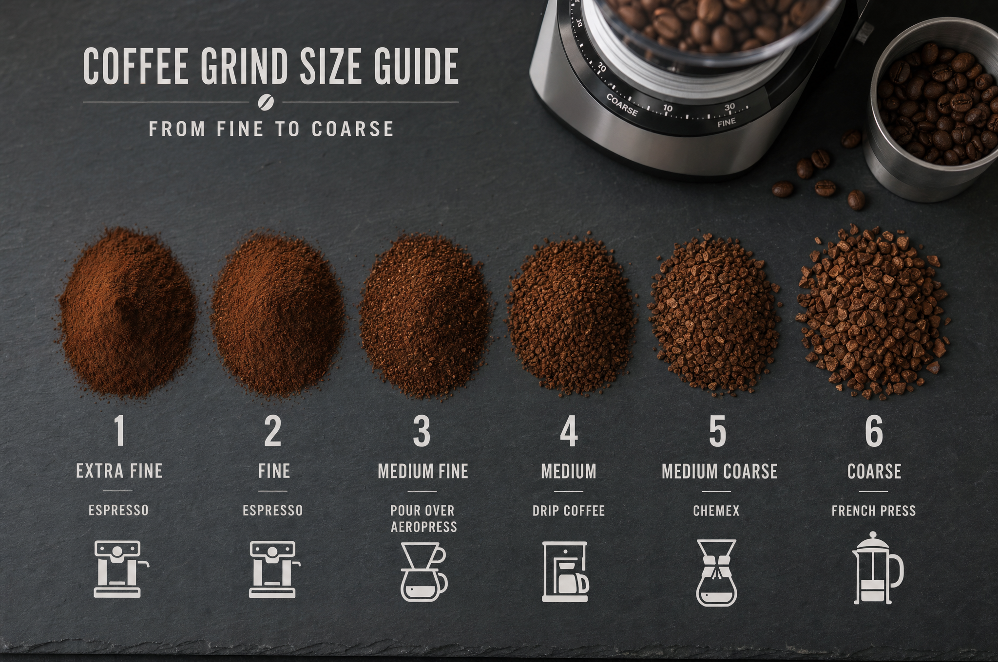 Coffee grind sizes from fine to coarse