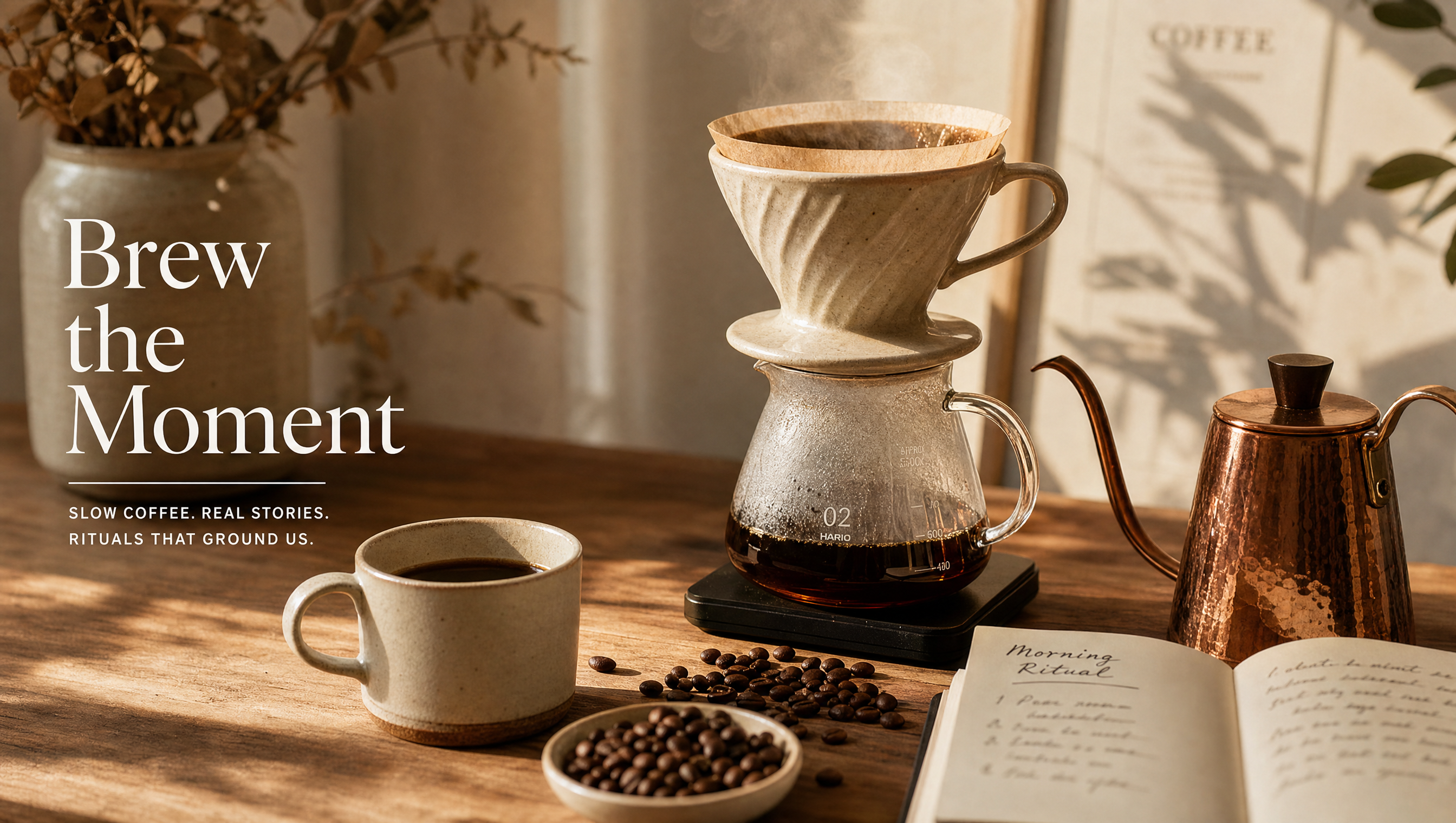 Coffee brewing setup with pour-over dripper and copper kettle